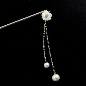 Polymer Rose Hair Stick with Pearl Tassels Blue